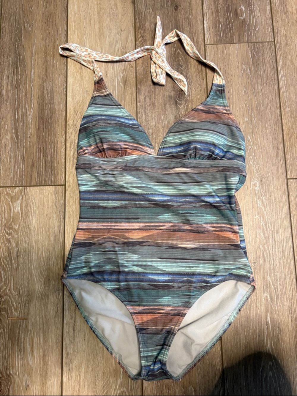 Prana Striped One-Piece Swimsuit in Blue, Green and Brown